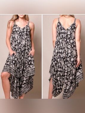 Angie Boho Floral Harem Jumpsuit Slouchy Wide Leg Palazzo Romper Black White S